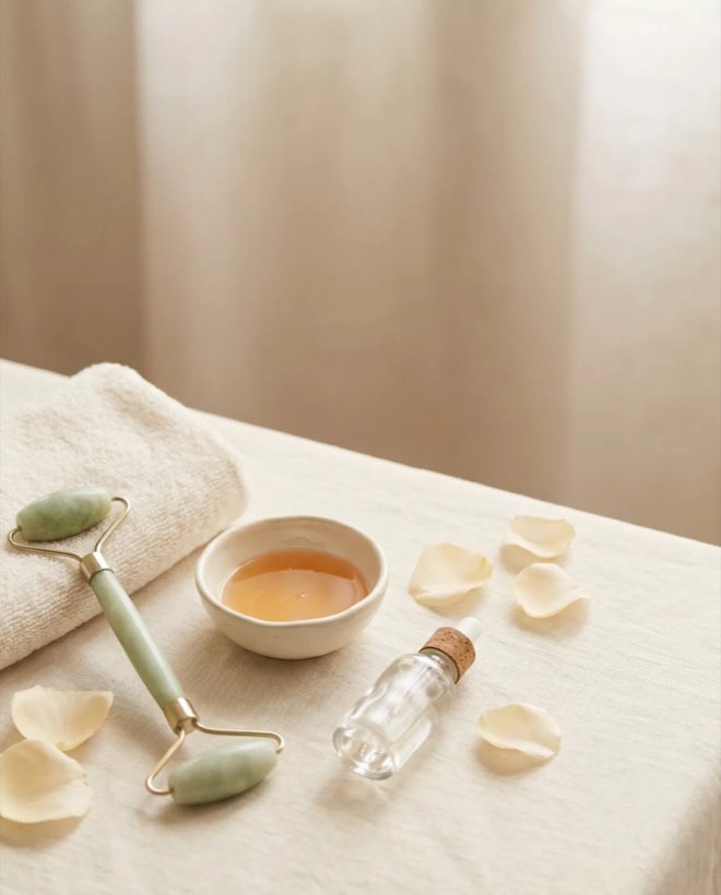 Facial treatment room — a jade roller, oil, and rose petals on linen
