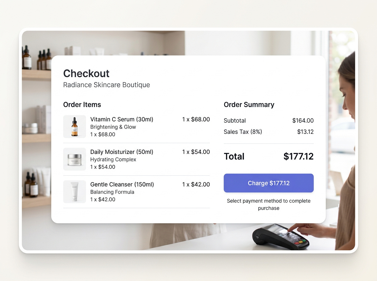 The MazalPos checkout: skincare order items, order summary and a Charge button