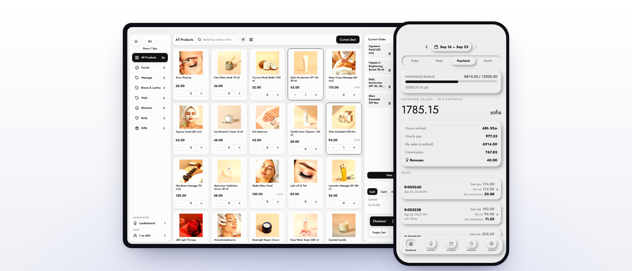 A stylist’s pay in the MazalPOS staff app next to the manager’s day