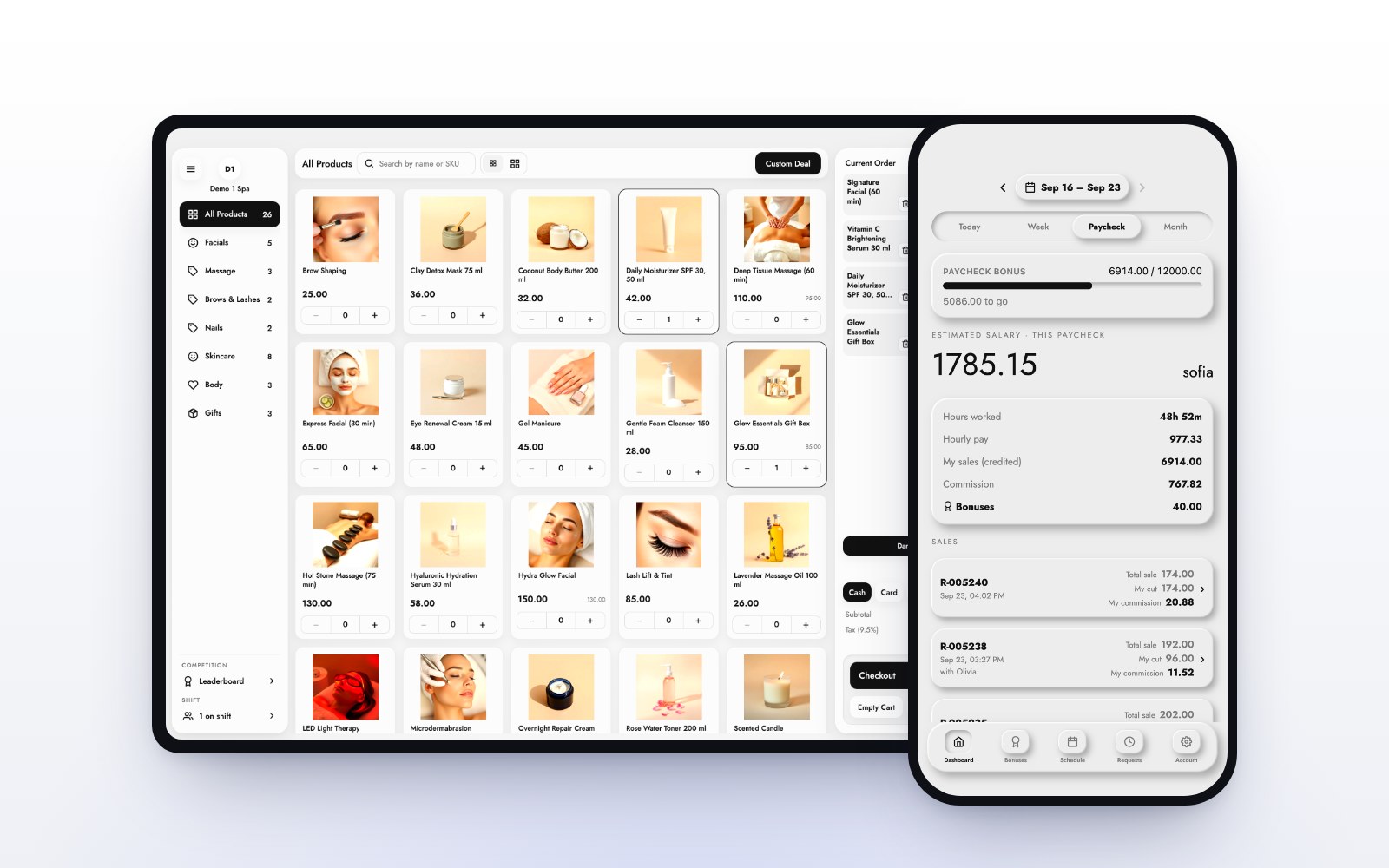 A stylist’s pay in the MazalPOS staff app next to the manager’s day