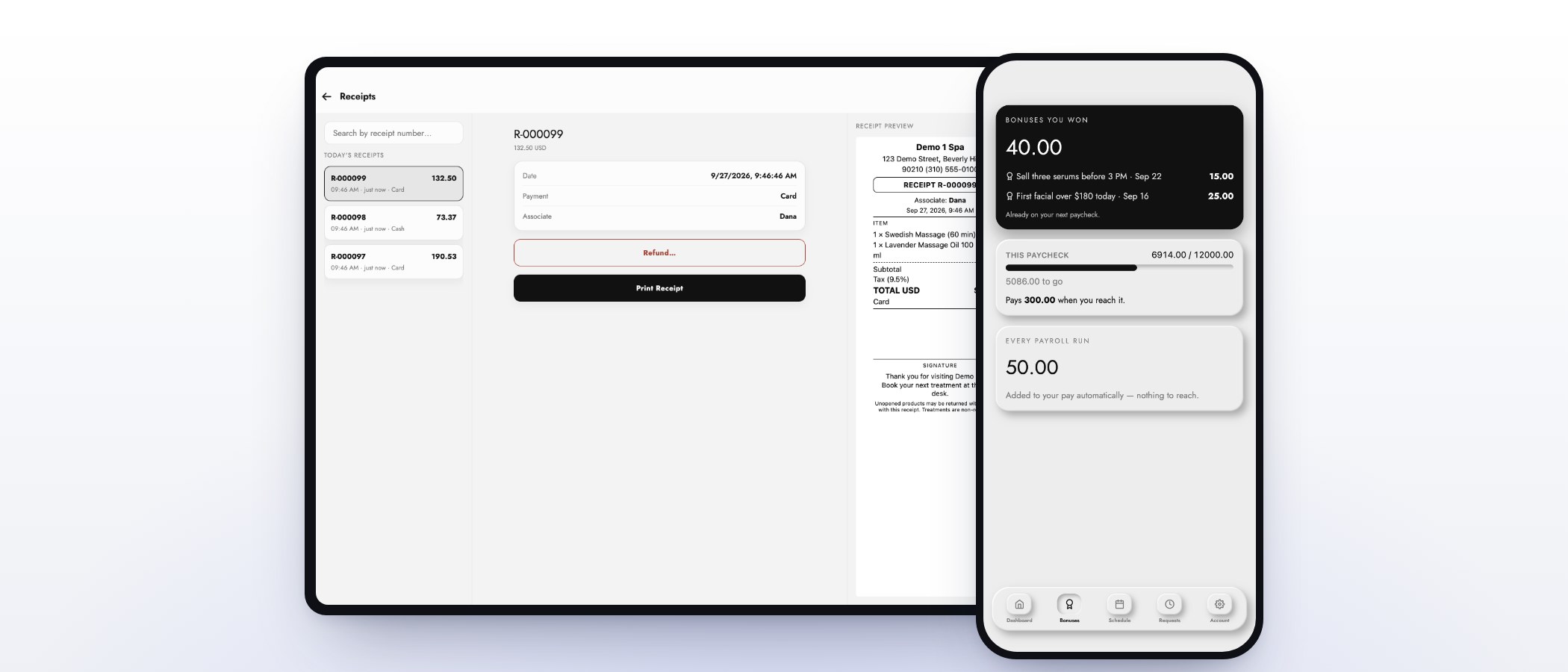 Receipts on the MazalPOS register next to an employee’s bonuses in the MazalTeam app
