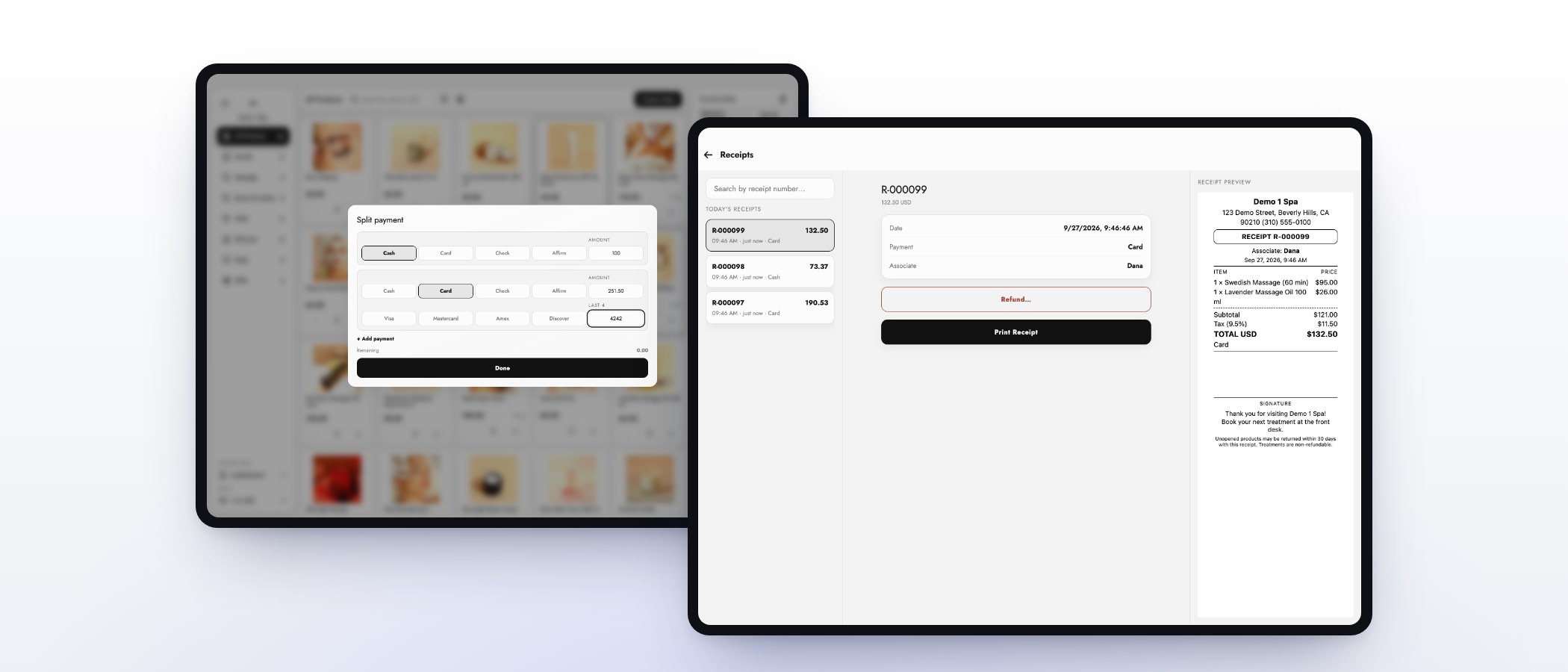 A split payment and the receipts list on the MazalPOS register