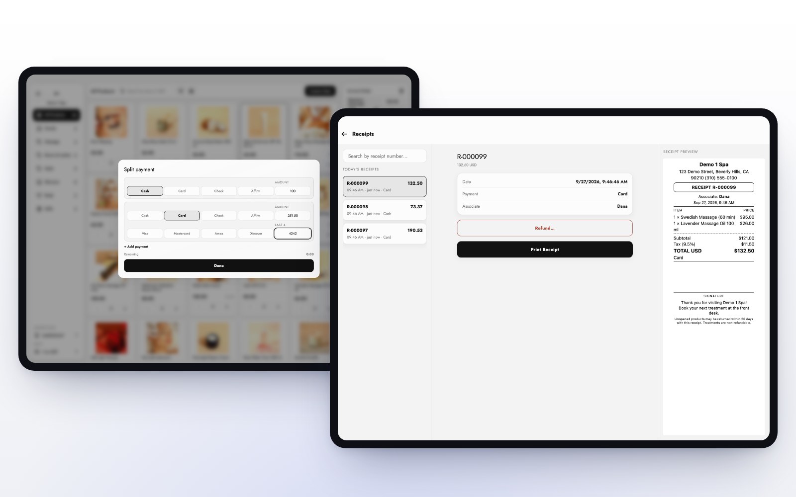 A split payment and the receipts list on the MazalPOS register