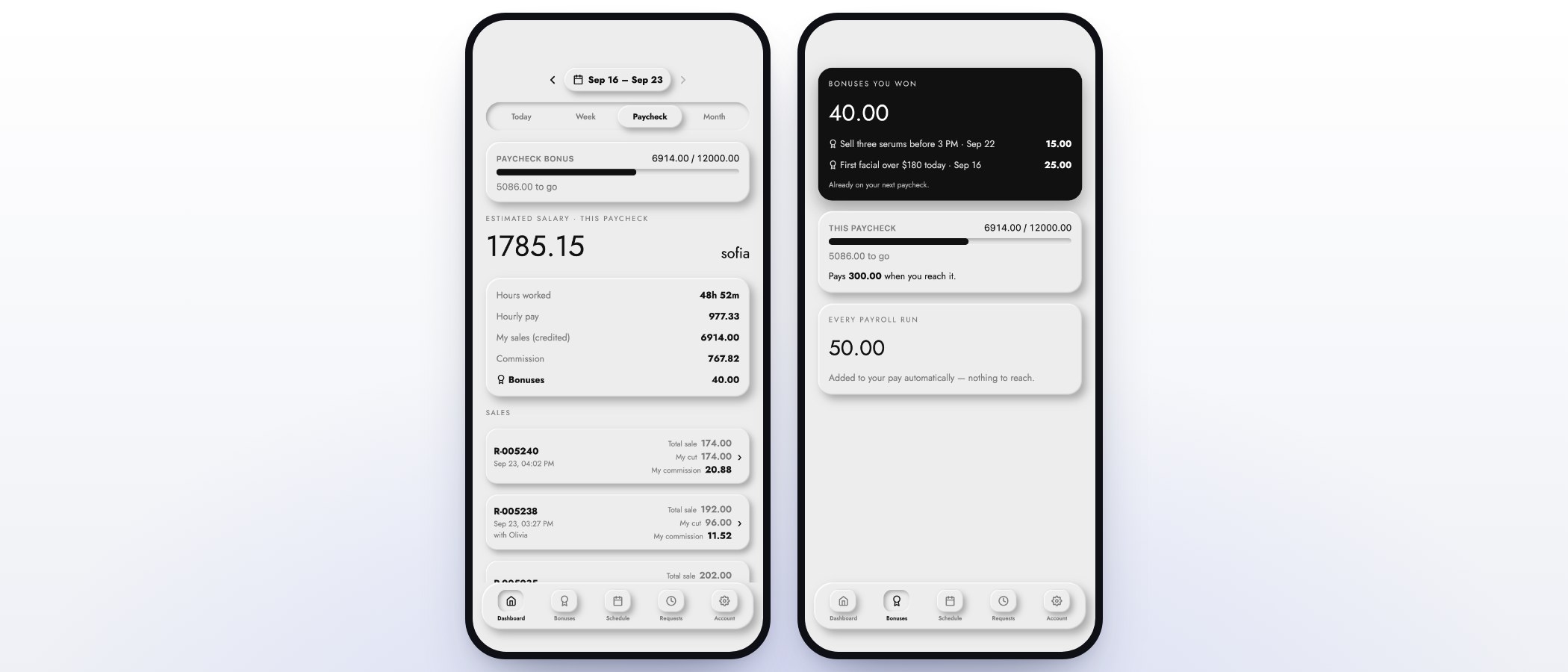 The MazalPOS staff app showing an employee’s pay for the period