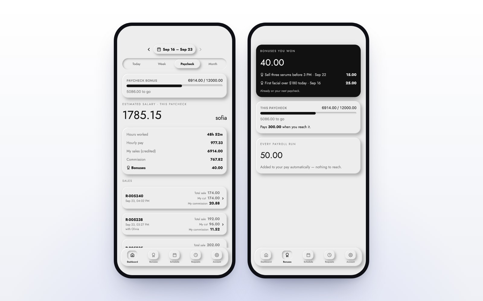 The MazalPOS staff app showing an employee’s pay for the period