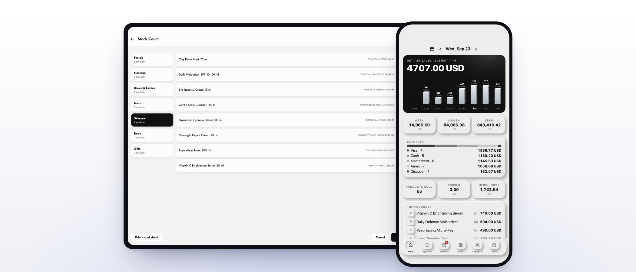 A skincare stock count on the MazalPOS register next to the manager’s day in the MazalTeam app