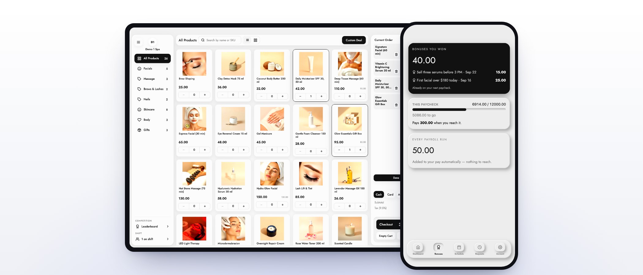 The MazalPOS register with a cart next to an employee’s bonuses in the MazalTeam app