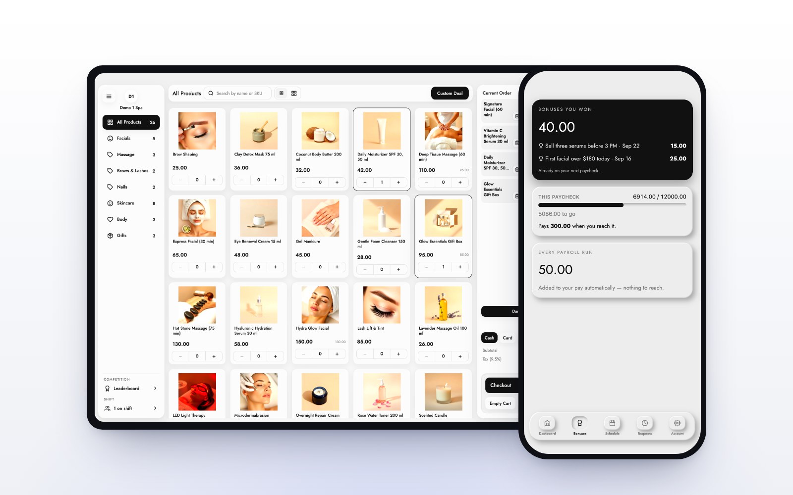 The MazalPOS register with a cart next to an employee’s bonuses in the MazalTeam app