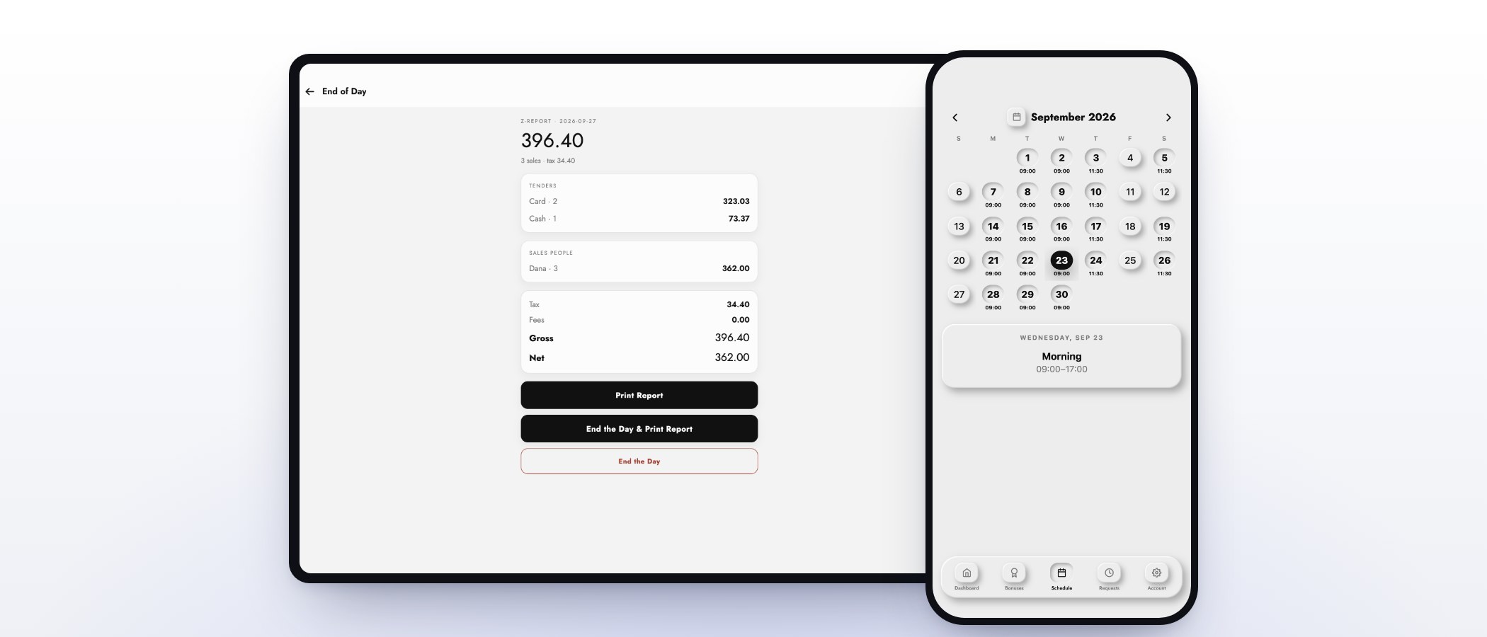 The end-of-day report on the MazalPOS register next to an employee’s schedule in the MazalTeam app