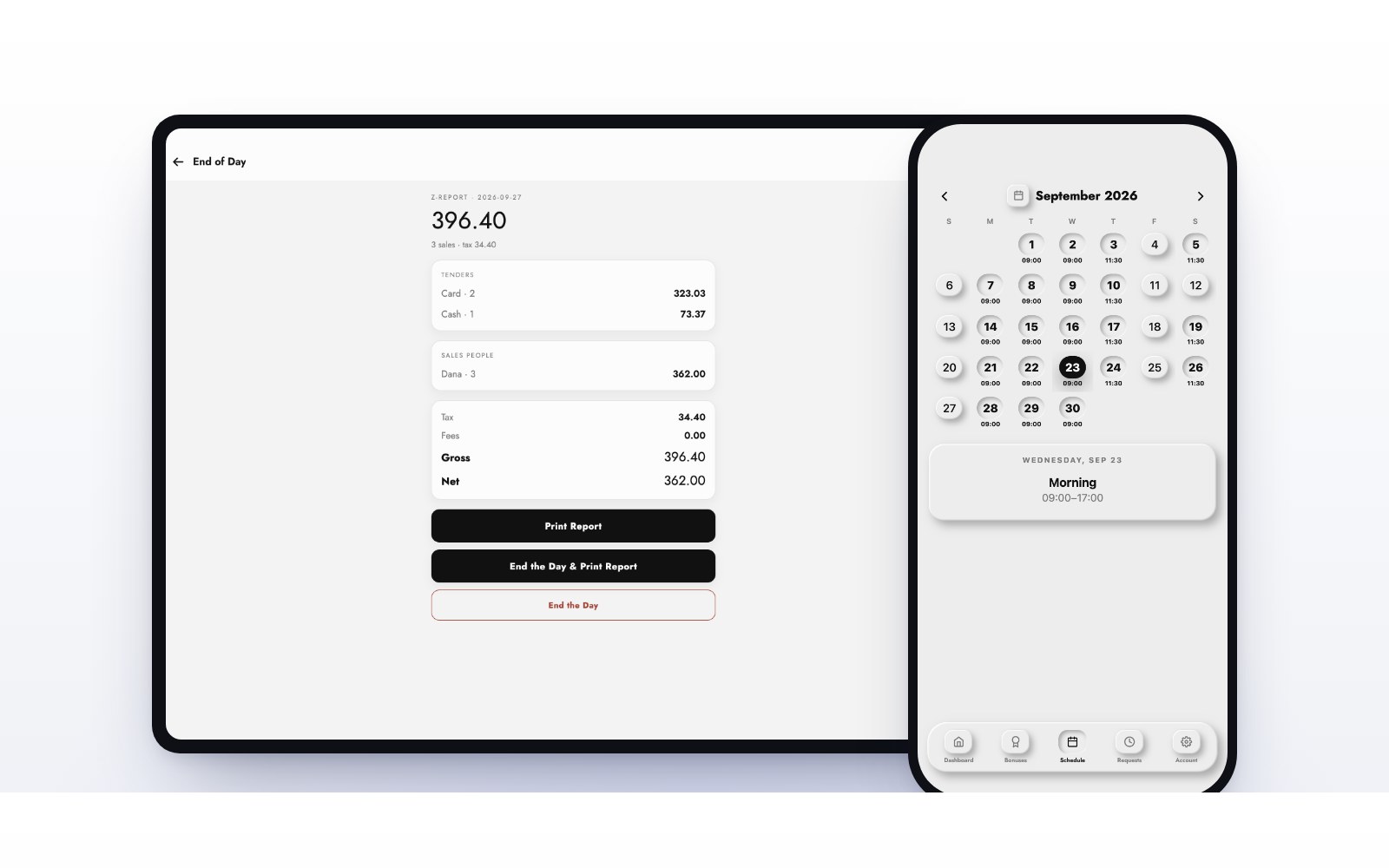 The end-of-day report on the MazalPOS register next to an employee’s schedule in the MazalTeam app