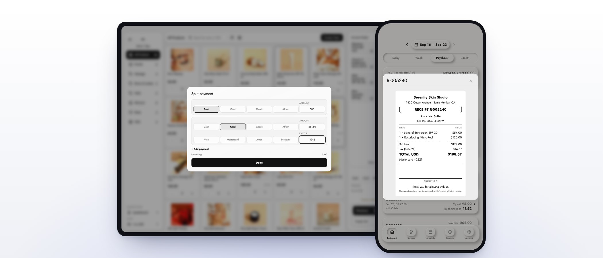 A split payment on the MazalPOS register next to an emailed receipt in the MazalTeam app