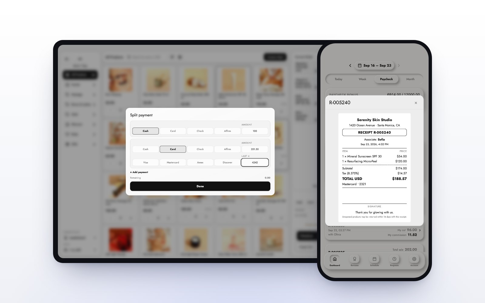 A split payment on the MazalPOS register next to an emailed receipt in the MazalTeam app