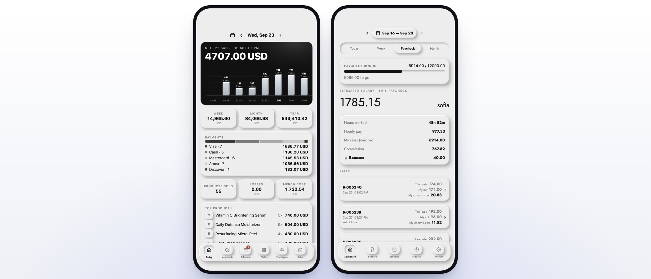The manager’s day next to an employee’s own pay in the MazalTeam app