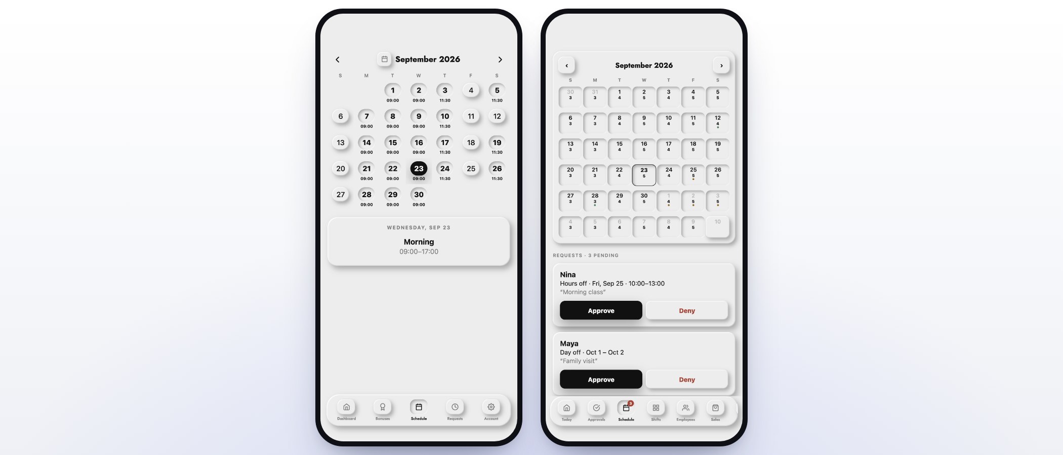 The MazalPOS staff app schedule and a manager’s time-off requests