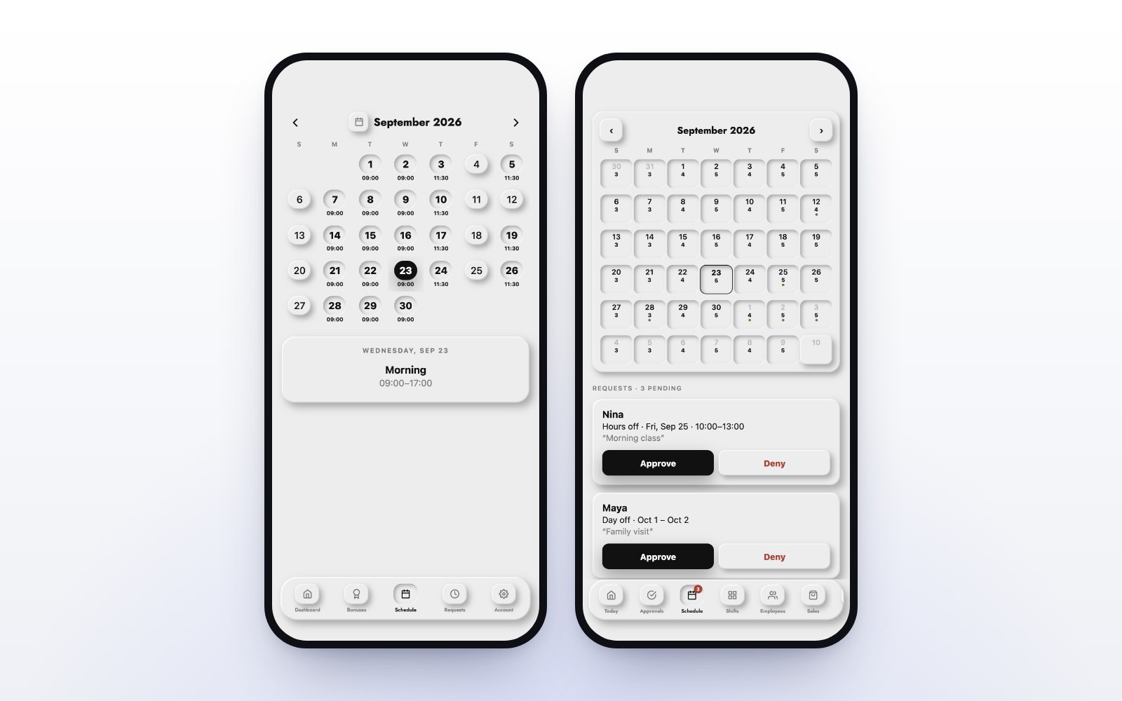 The MazalPOS staff app schedule and a manager’s time-off requests
