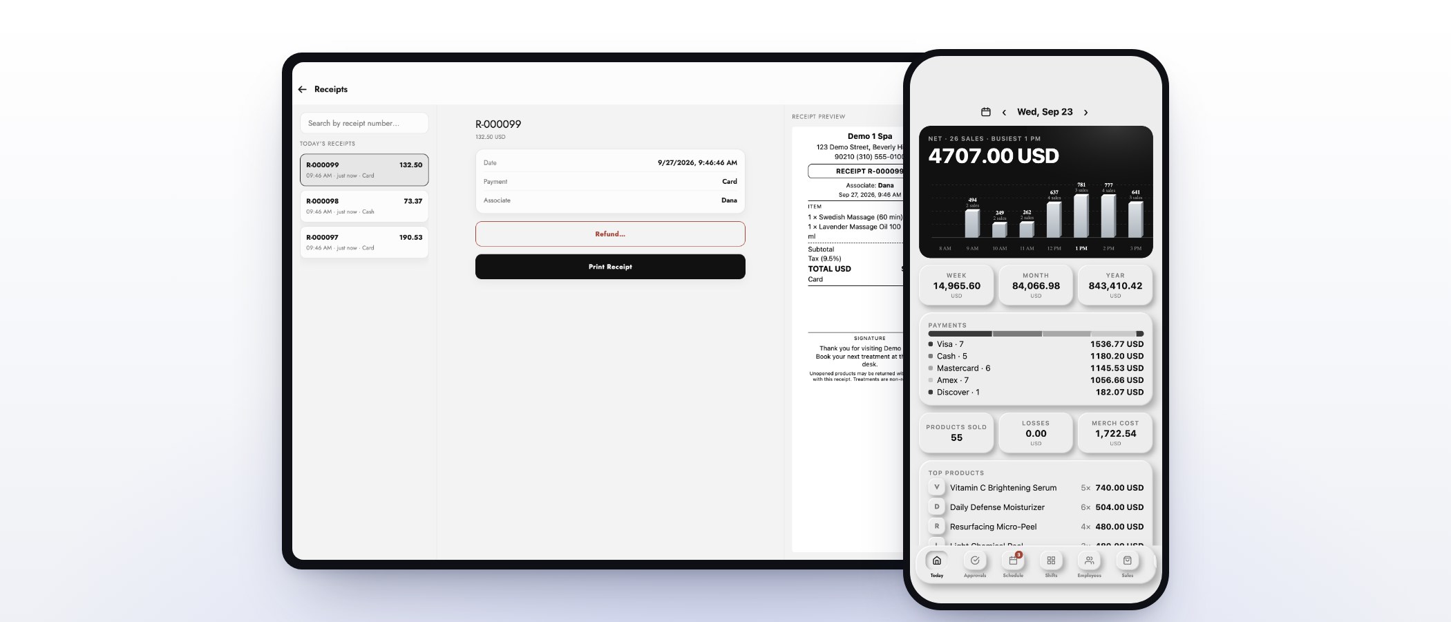 Receipts on the MazalPOS register next to the manager’s day in the MazalTeam app