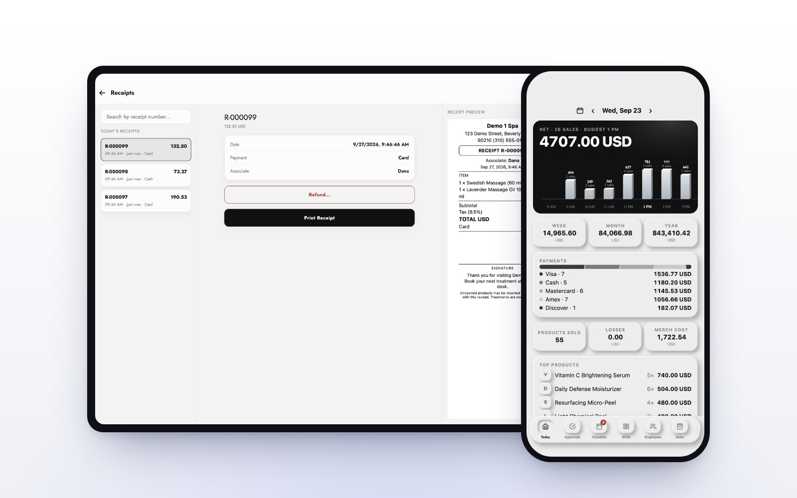 Receipts on the MazalPOS register next to the manager’s day in the MazalTeam app